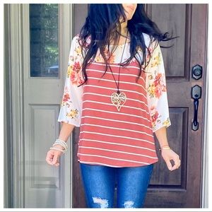 PRETTY STRIPED FLORAL TUNIC TOP